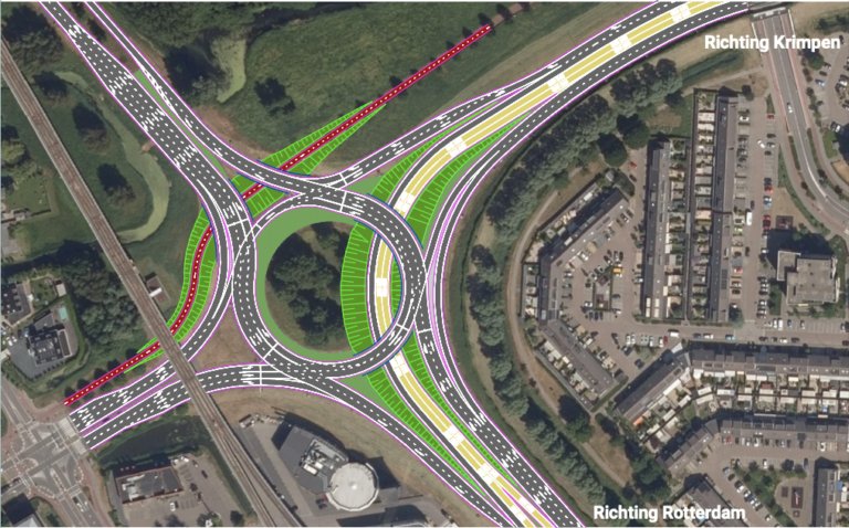 Het Capelseplein met vrij baan voor bussen en autoverkeer van en naar Krimpen