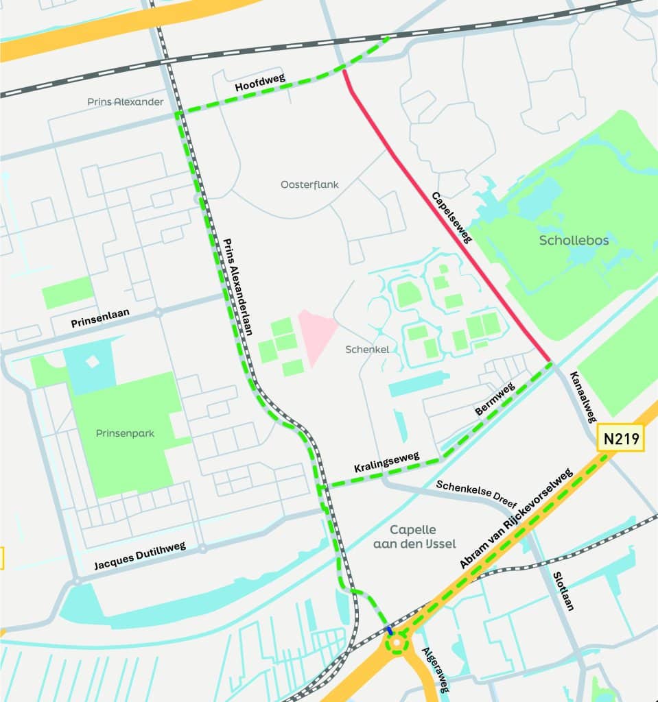 Omleidingsroute over de Abram van Rijckevorselweg en Prins Alexanderlaan