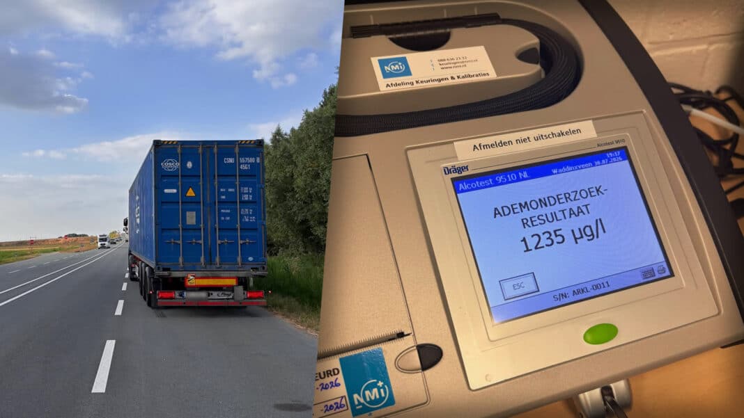 De vrachtwagen op de N219 bij Zevenhuizen. Bron: Politie Team Waddinxveen Zuidplas (Instagram: @politie_wveenzuidplas)