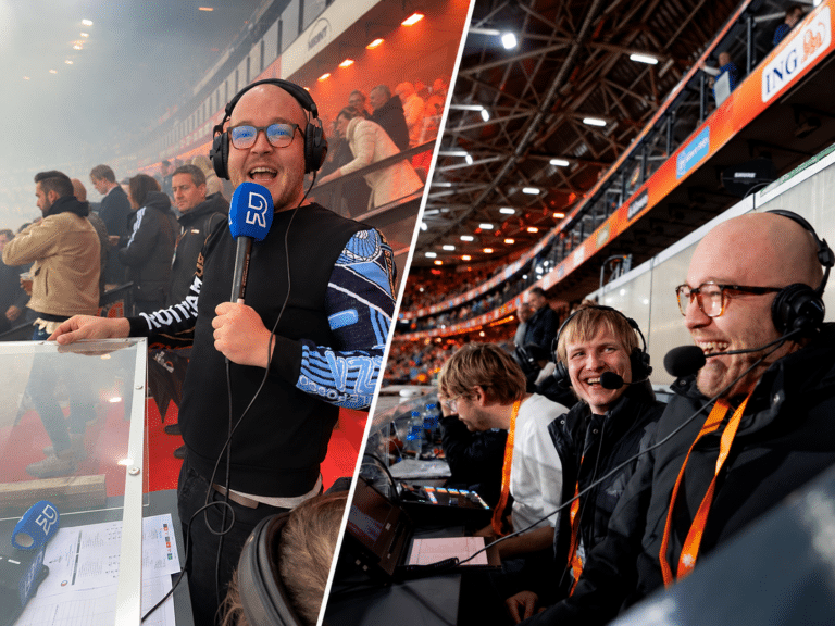Sportcommentator Philip van Es aan het werk in De Kuip. Links tijdens de Champions League-wedstrijd tussen Feyenoord en Lazio op woensdag 25 oktober 2023, rechts rond een wedstrijd van het Nederlands elftal.